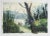 Vintage late 20th century watercolor on paper painting of two fishermen launching a boat at lakeside with forest...