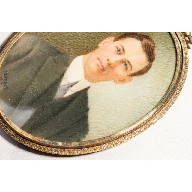 Early 20th Century Art Antique Portrait Miniature Painting Young Man Portrait in Ornate Brass Frame Home Decor For Sale - Image 9 of 16