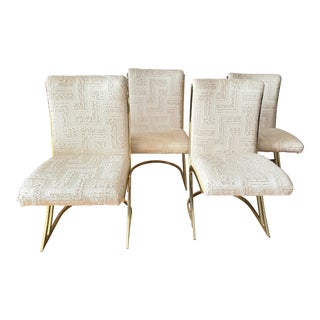 1980s Postmodern White Upholstered Cantilever Chairs With Brass Finish - Set of 4 For Sale
