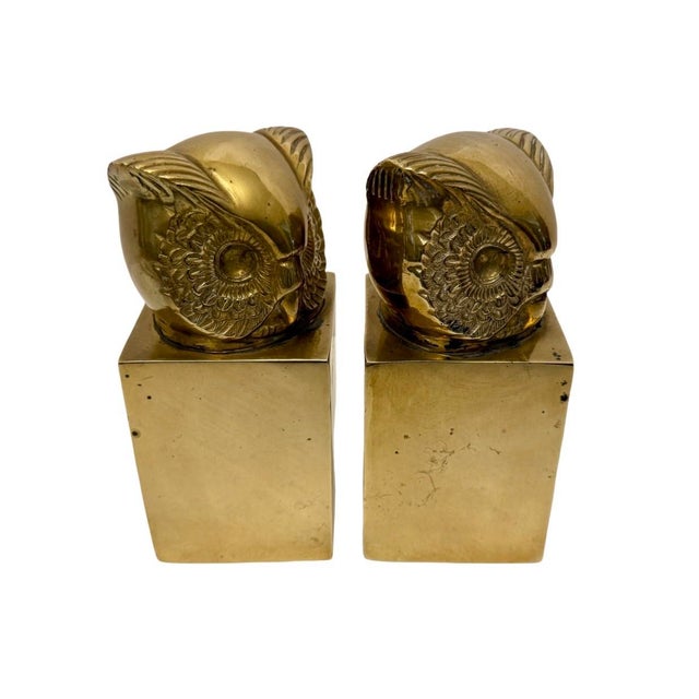 Vintage Brass Owl Bookends Pair MCM Mid Century Detailed Owl Head Pedestal M4. For Sale - Image 4 of 8