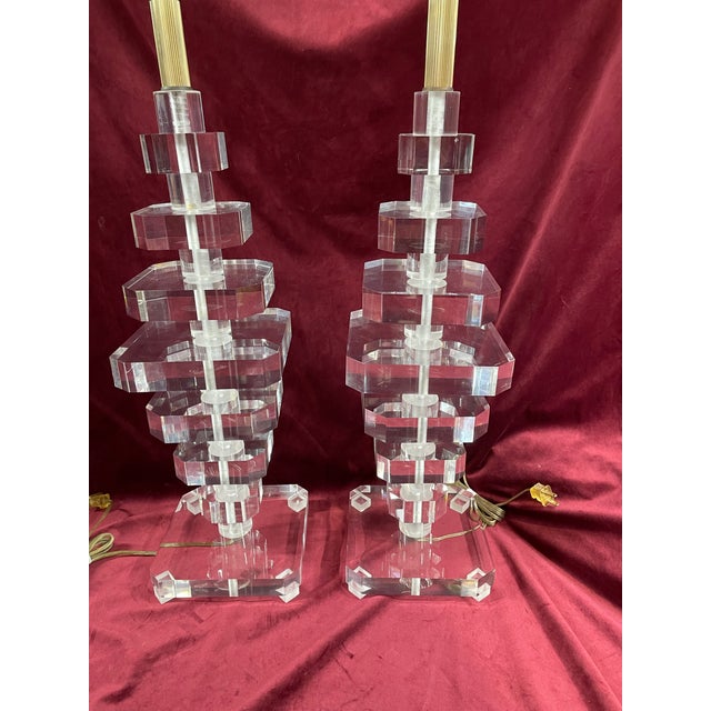 Vintage 1980s Large Acrylic Stacked Lucite Table Lamps - a Pair For Sale - Image 9 of 9