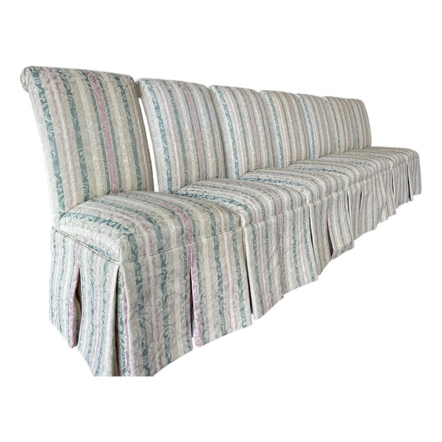 Late 20th Century Vintage 80s/90s Designmaster Bow Tie Parsons Style Dining Chairs, a Set of Seven, Skirted, Custom Jacquard Upholstery For Sale - Image 5 of 12