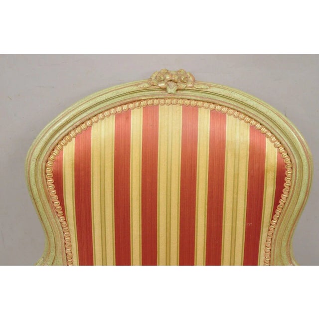 Vtg French Louis XV Style Green & Pink Painted Arm Chair Fauteuil Striped Fabric For Sale - Image 4 of 13