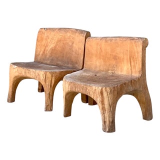Vintage Carved Wood Low Stools - Pair For Sale