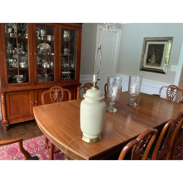 Gorgeous classic Frederick Cooper ginger jar lamp with brass appointments. Lovely neutral color and pattern making it a go...