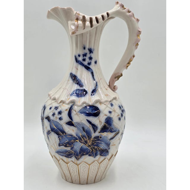 Late 19th Century Antique 19th C Royal Worcester 1892 Porcelain Blue & Gold Floral Relief Pitcher For Sale - Image 5 of 13