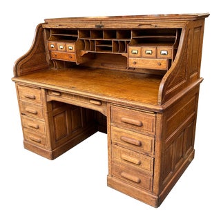 Vintage Edwardian Oak Roll Top Desk For Sale