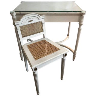 Maison Jansen Vanity or Desk. Louis XVI Fluted Legs Cane Back Gilt and Bronze Medallions Chair...Glass Top! For Sale