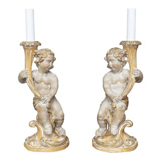 Pair of Italian Giltwood Cherub Candlestick Lamps For Sale