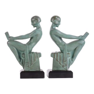 Art Deco M Le Verrier Patinated Spelter Reading Ladies Bookends - a Pair For Sale