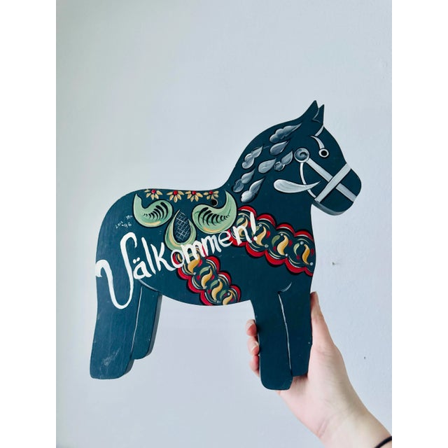 Swedish 1990’s Hand Painted Wood Dala Horse “welcome” Valkommen Sign For Sale In Boise - Image 6 of 11