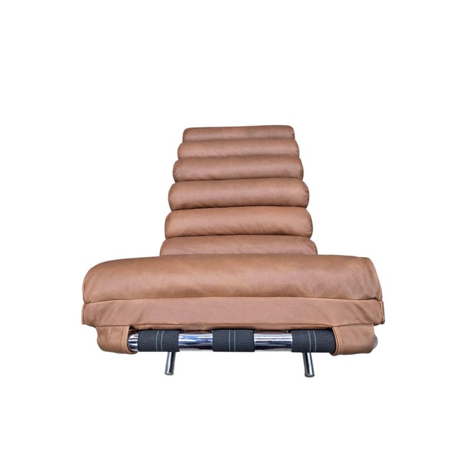 Mid Century Modern Milo Baughman Style Chrome Tubular Chaise Lounge Newly Reupholstered in Cognac Italian Leather Striking...