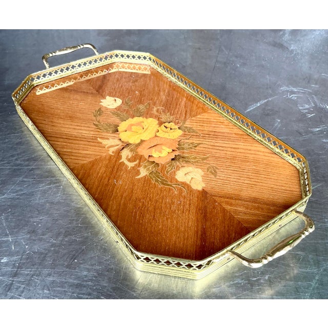 Vintage Boho Italian Marquetry Brass Gallery Tray For Sale In West Palm - Image 6 of 9