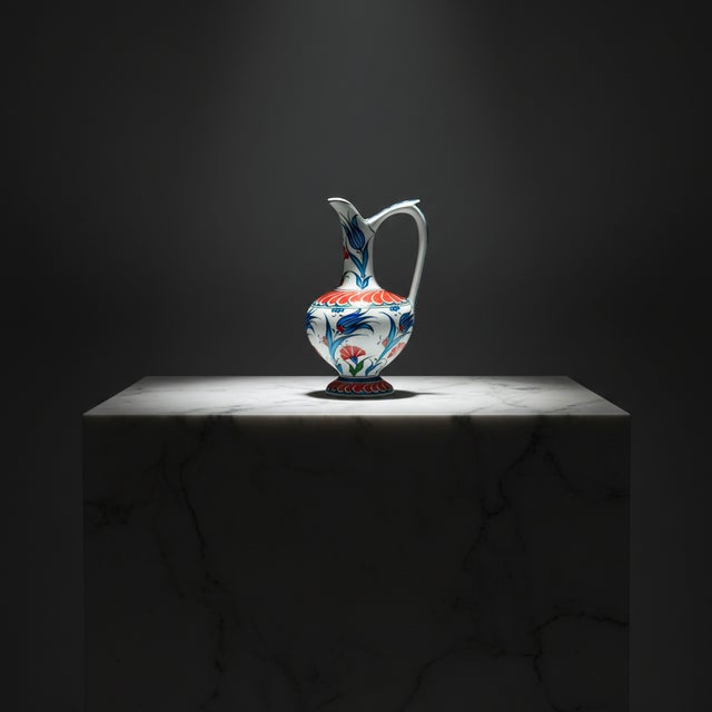Handmade Ceramic Pitcher (20cm) – Red Petal Collar & Blue Tulips – Compact Lion’s Mouth Vase For Sale - Image 4 of 11