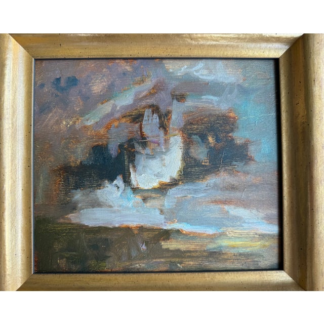 Wood 2024 Listed British Artist Oil Painting of Clouds on Winchester Beach, Custom Framed For Sale - Image 7 of 10