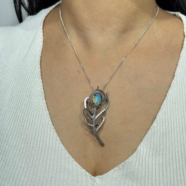 White Sterling Silver Art Deco Elegance Opal and Diamond Convertible Brooch Pendant For Sale - Image 8 of 12