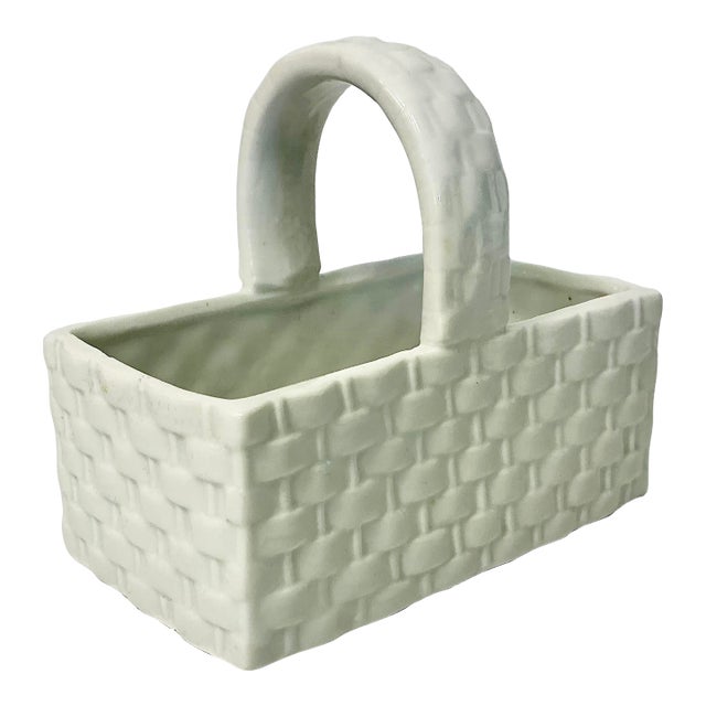 1980s Coastal Hollywood Regency Ceramic Faux Wicker Basket Jelly Bean Bowl - Easter. For Sale