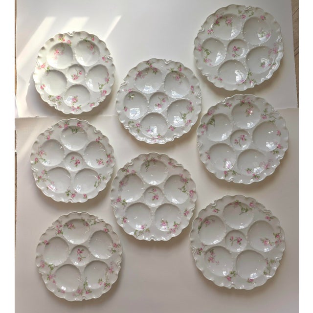 Beautiful Limoges antique French oyster plates with pretty pink rose and vinegar details. Five well sections with...