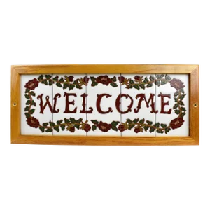 Mid 20th Century Handmade Tile With Wooden Frame Floral Motif Design Welcome Sign