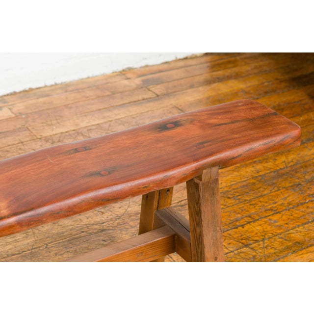 Rustic Long A-Frame Wooden Bench with Cross Stretcher and Splaying Legs For Sale - Image 9 of 12