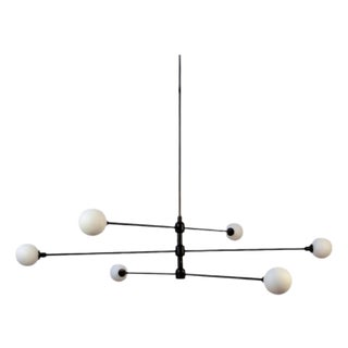 Three Tier Chandelier, Black, 45.5in H, 3 Inch Glass Globes, by Research.Lighting, Modern, Minimal Hanging Light For Sale