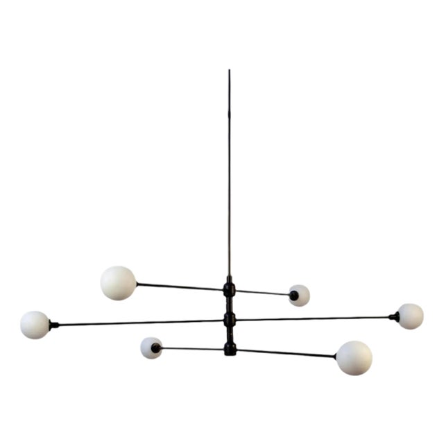 Three Tier Chandelier, Black, 45.5in H, 3 Inch Glass Globes, by Research.Lighting, Modern, Minimal Hanging Light For Sale