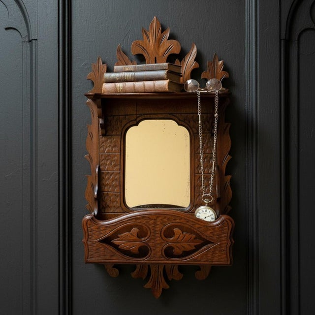 Antique Victorian Eastlake Wall Mirror Pocket Shelf-Carved Walnut-Gothic Hall For Sale - Image 11 of 11