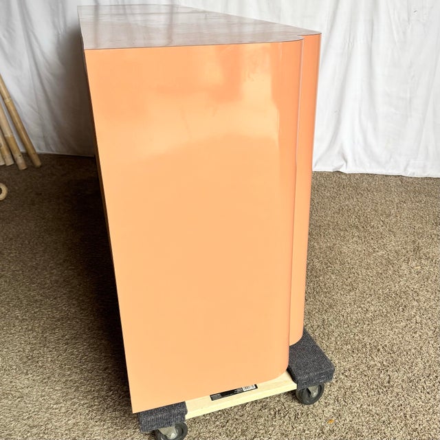 Wood Postmodern Salmon Pink Lacquer Laminate Sculpted Credenza For Sale - Image 7 of 9