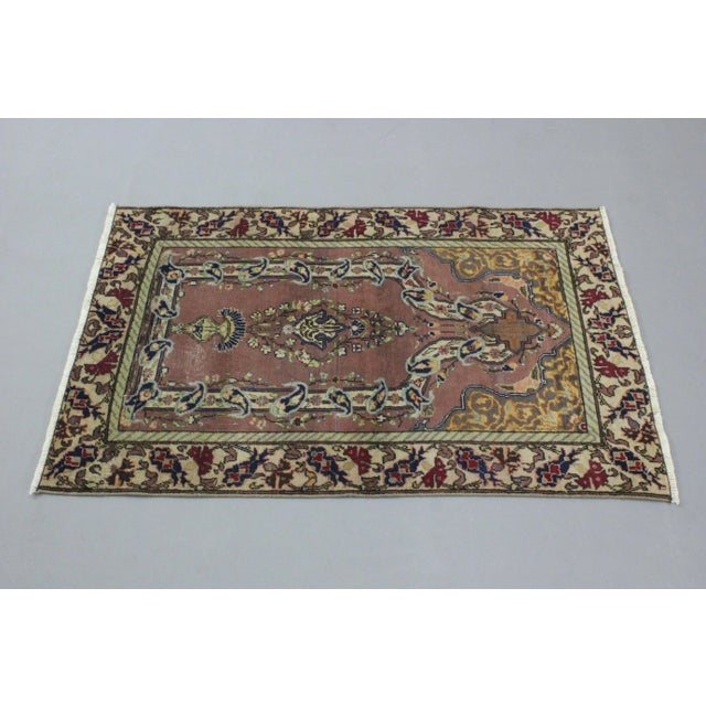 Traditional 1970s Turkish Vintage Handmade Traditional Floral Design Hand Knotted Small Rug For Sale - Image 3 of 8