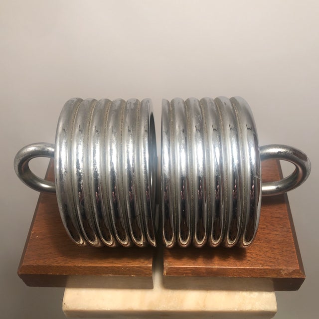 Midcentury Modern Chrome Coil Spring Bookends on a Walnut Base. | Chairish