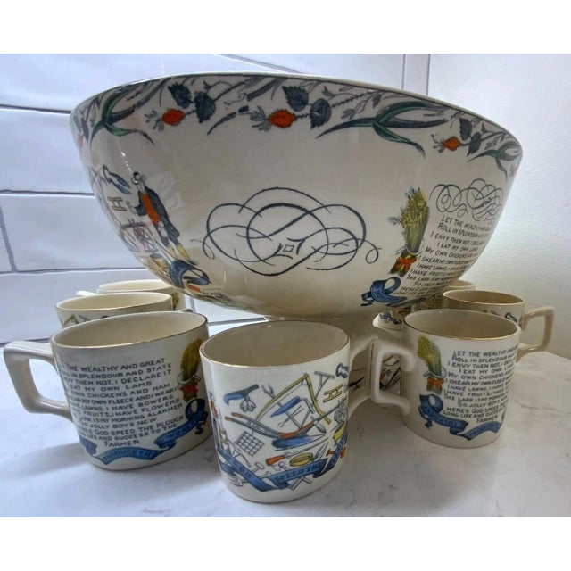 Victorian Late 19th Century Burgess & Leigh Farmers Arms 12" Punch Bowl, 8 cups , God Speed The Plough For Sale - Image 3 of 18