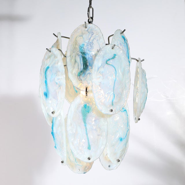 Mid-Century Hand-Blown Murano Opalescent & Cerulean Detail Glass Chandelier For Sale - Image 9 of 18