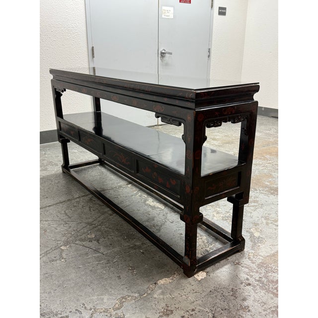 Paint Chinoiserie Black Lacquer Console Table, Vintage For Sale - Image 7 of 12