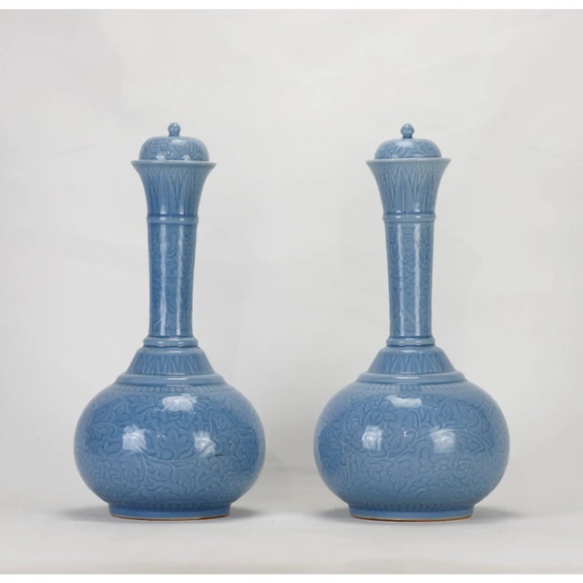A Pair of Chinese 20th Century Ottoman-Style Light Blue Glazed Lidded Vases