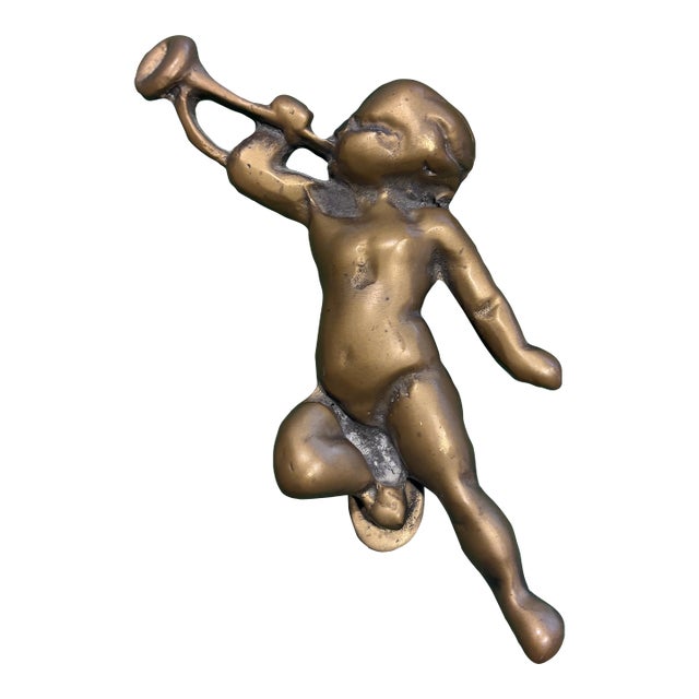 Vintage English Brass Cherub Door Knocker With Aged Patina For Sale