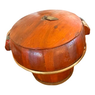 19th Century Chinese Wedding Rice Bucket With Brass Bands and Floral Handles For Sale