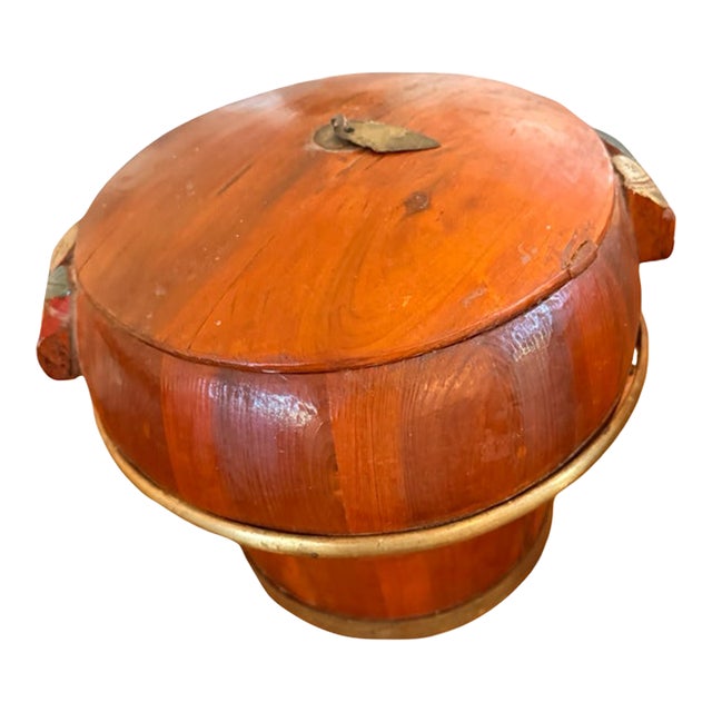 19th Century Chinese Wedding Rice Bucket With Brass Bands and Floral Handles For Sale