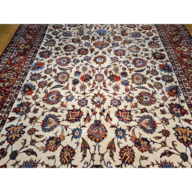 Vintage Persian Isfahan Rug, Hand-Knotted Wool, Allover Floral Pattern, Ivory & Red, 10x14 For Sale - Image 12 of 14