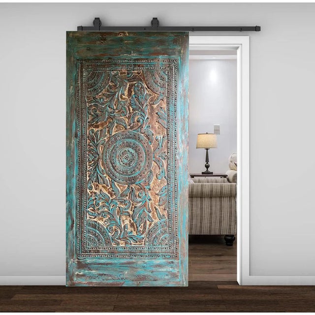 Wood Midcentury Vintage Carved Lotus Mandala Door – Brass Stud Accents Huge Library Door 100 For Sale - Image 7 of 7