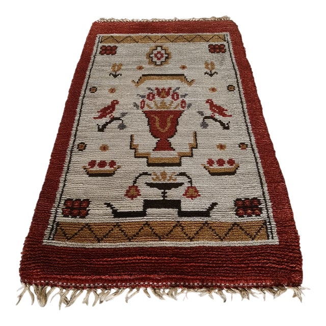 Swedish Grace Wool Rya Rug with Flower Motif, 1920s For Sale