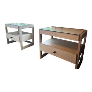 Pair of Leather Nightstands With Glass Tops For Sale