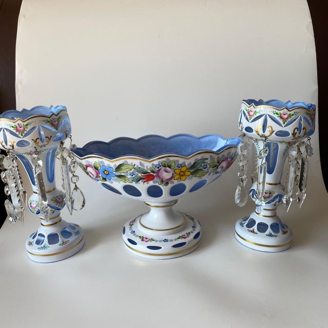 Antique Moser Glass Lusters: Bohemian Glass, White Cut-to-Blue, Hand-Painted For Sale - Image 9 of 13