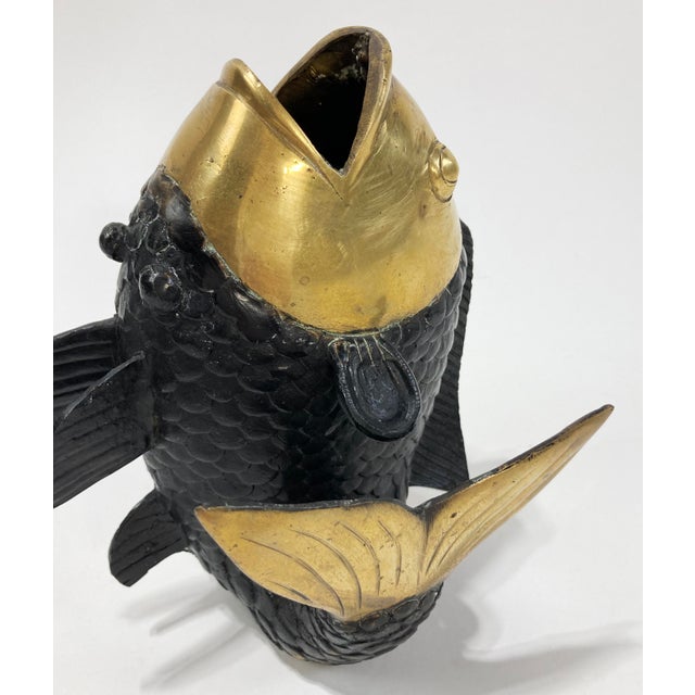 Metal Vintage Brass and Black Koi Fish Sculpture or Vase For Sale - Image 7 of 9