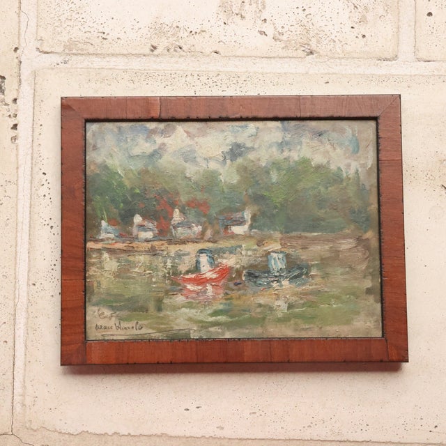 Mid-Century French Boat Scene captures a quiet harbor moment with loose, expressive brushwork and a softly muted palette...