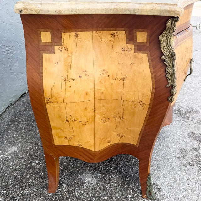 Brown French Style Wood Inlaid Marble Top Bombe Sideboard For Sale - Image 8 of 11