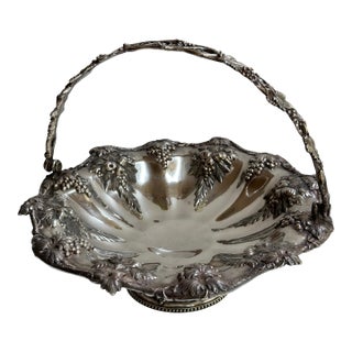Vintage 11" Extra Silver Plated Bride's Basket With Swing Handle Grapes Motif For Sale