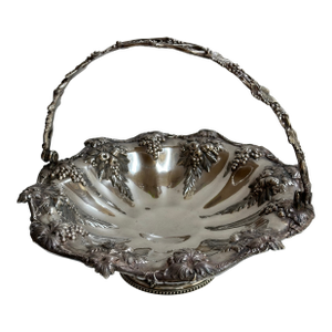 Vintage 11" Extra Silver Plated Bride's Basket With Swing Handle Grapes Motif