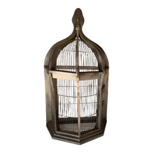 Vintage Half Octagonal Wood and Wire Bird Cage