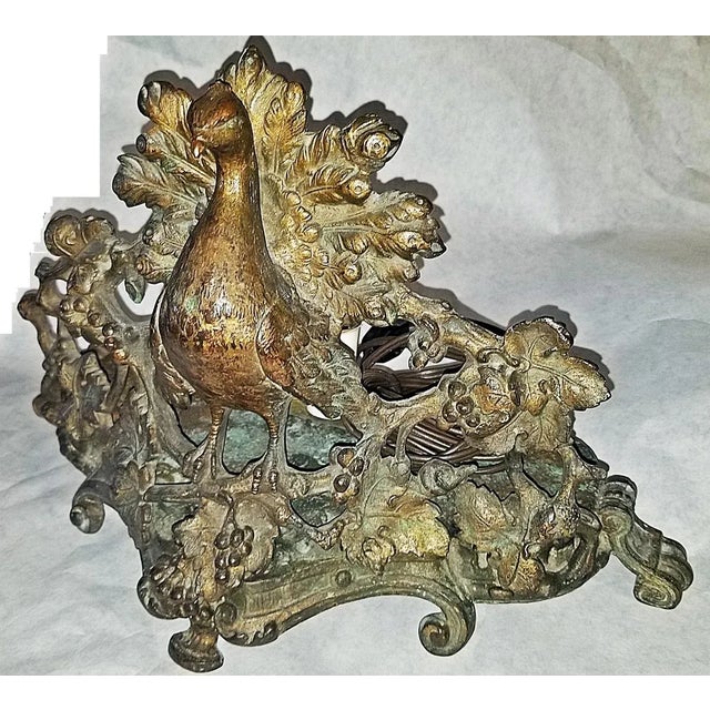 Truly unique, an antique bronze peacock table light or nightlight, nicely cast Regency/Nouveau motif, wired for one...