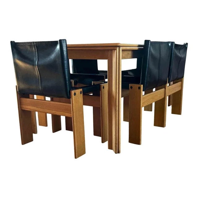 Molteni Monk Dining Chairs and Table in Black Leather and Beech by Tobia & Afra Scarpa for Molteni, 1973, Set of 7 For Sale - Image 4 of 18